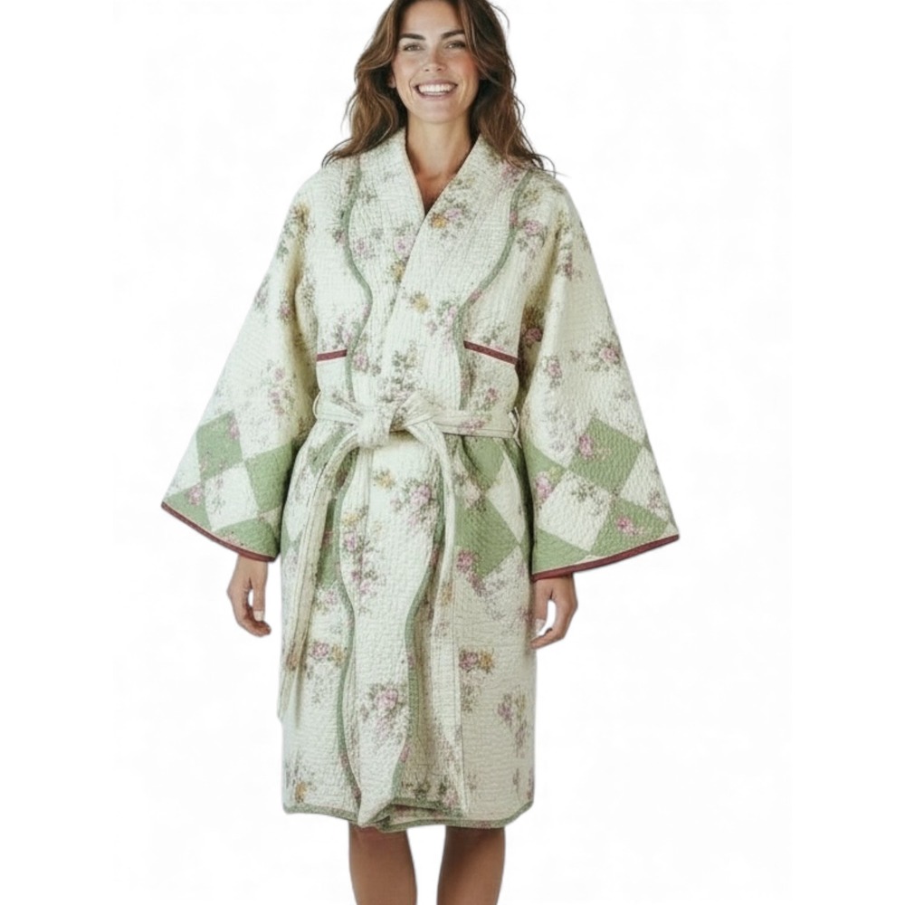 Handmade Upcycled Quilted Floral‎ Robe Kimono Style Cozy Loungewear Bathrobe | M